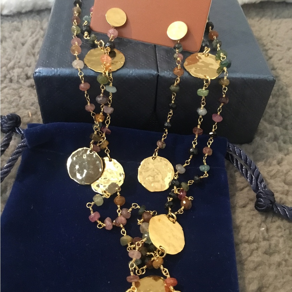 NWT Toscana Elegant Italics Gold Earrings and Multicolor Beaded Necklace Set